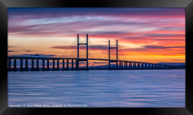 Severn Bridge crossing from England to Wales, at sunset.  Framed Print by Gary Parker