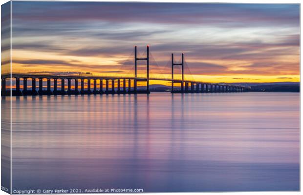 Severn Bridge crossing from England to Wales, at sunset.  Canvas Print by Gary Parker