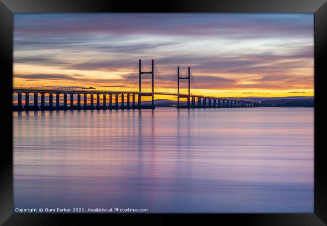 Severn Bridge crossing from England to Wales, at sunset.  Framed Print by Gary Parker