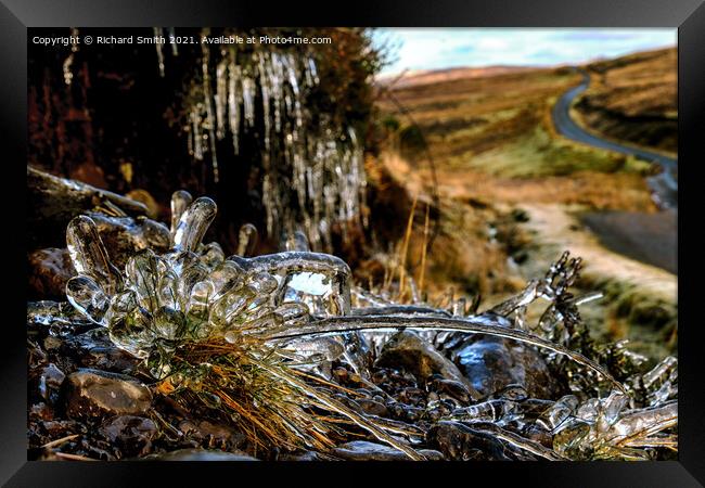 Iced grass and icicles beside the Struan hill road. Framed Print by Richard Smith