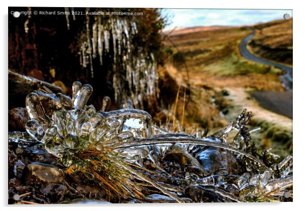 Iced grass and icicles beside the Struan hill road. Acrylic by Richard Smith