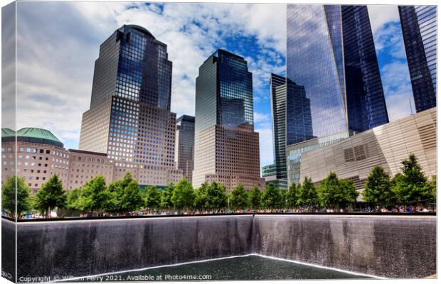 World Trade Center Memorial Pool Fountain Waterfall Skyscrapers  Canvas Print by William Perry