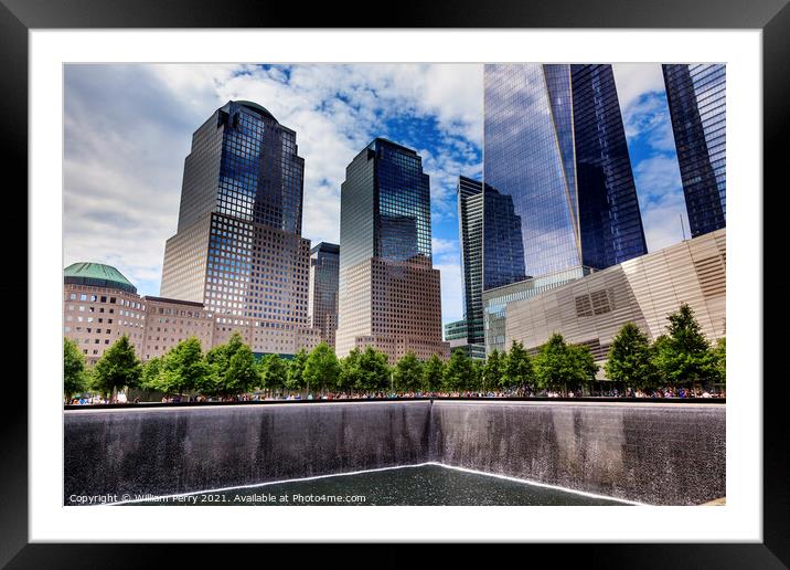 World Trade Center Memorial Pool Fountain Waterfall Skyscrapers  Framed Mounted Print by William Perry