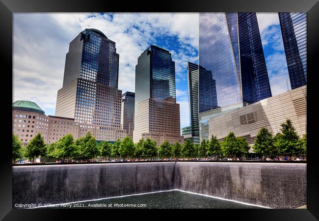 World Trade Center Memorial Pool Fountain Waterfall Skyscrapers  Framed Print by William Perry