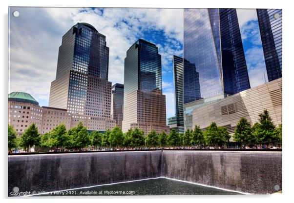 World Trade Center Memorial Pool Fountain Waterfall Skyscrapers  Acrylic by William Perry