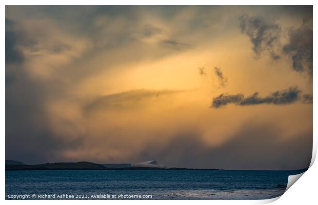 Storm clouds over a snowy Noss in Shetland Print by Richard Ashbee