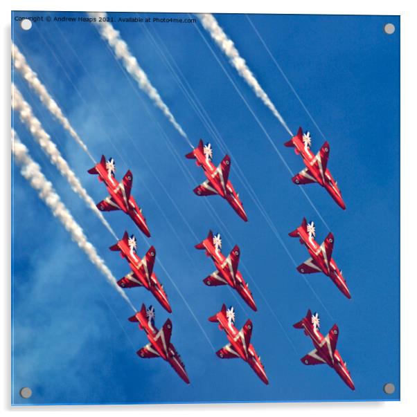 Red Arrows fighter jets flying through a blue sky Acrylic by Andrew Heaps