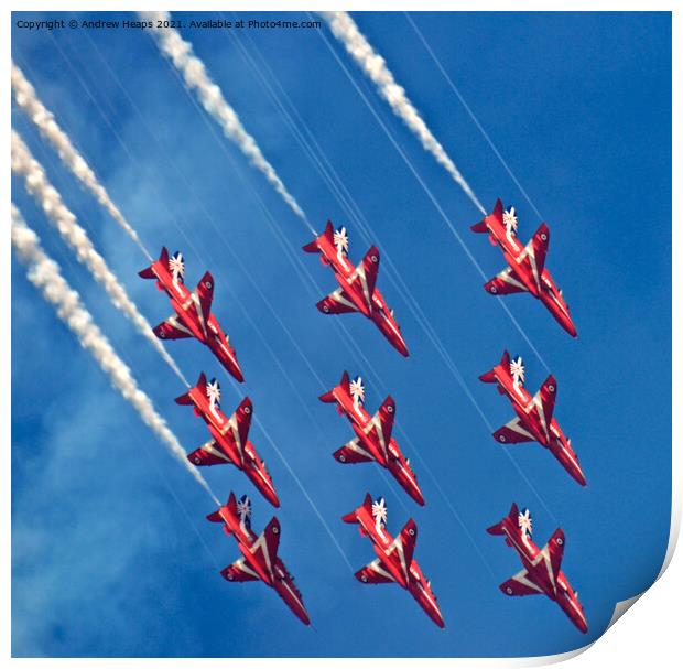 Red Arrows fighter jets flying through a blue sky Print by Andrew Heaps