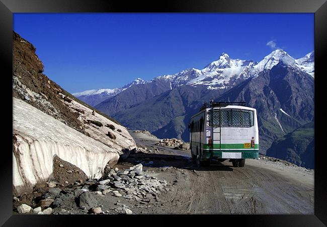 Bus Descending Rhotang Pass, Himalayas, Himachal P Framed Print by Serena Bowles