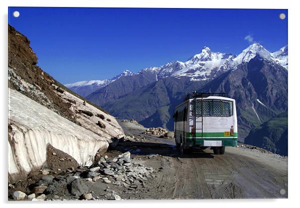 Bus Descending Rhotang Pass, Himalayas, Himachal P Acrylic by Serena Bowles