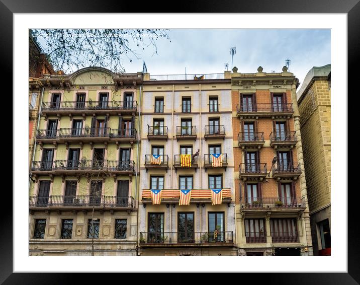 Barcelona homes with flags of Catalonia  Framed Mounted Print by Frank Bach
