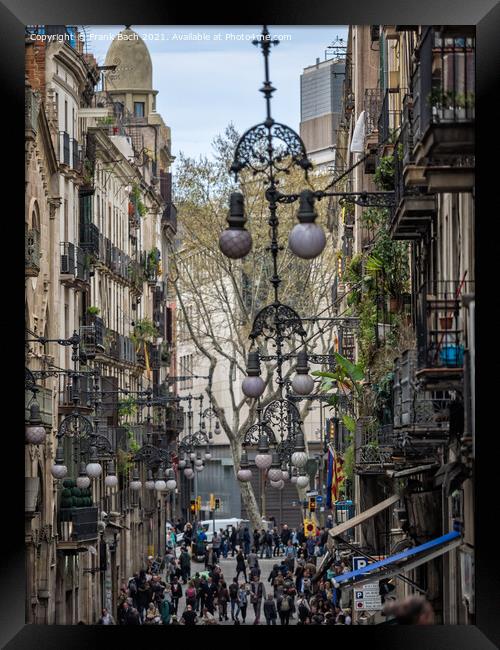 Ornate street lamps on buildings in Barcelona Framed Print by Frank Bach