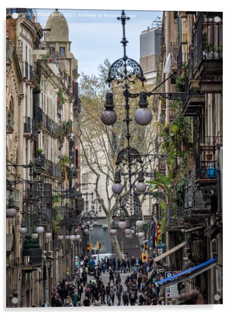 Ornate street lamps on buildings in Barcelona Acrylic by Frank Bach