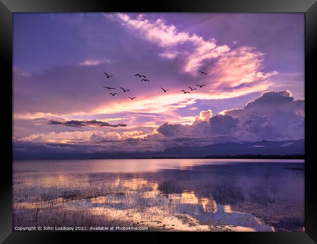 The view at dusk on Lake Poso Framed Print by John Lusikooy
