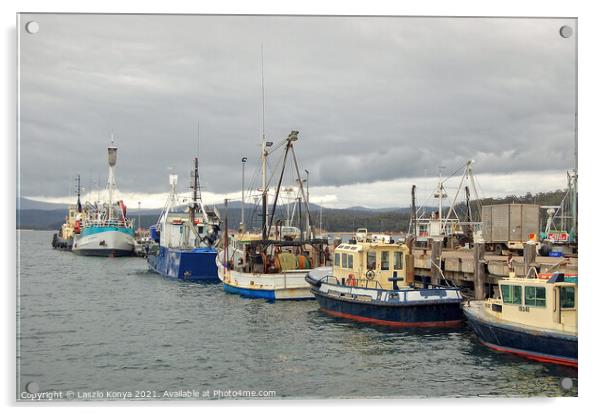 Fishing fleet in Port of Eden Marina Acrylic by Laszlo Konya