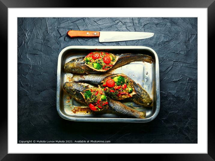 Baked fish stuffed with vegetables Framed Mounted Print by Mykola Lunov Mykola