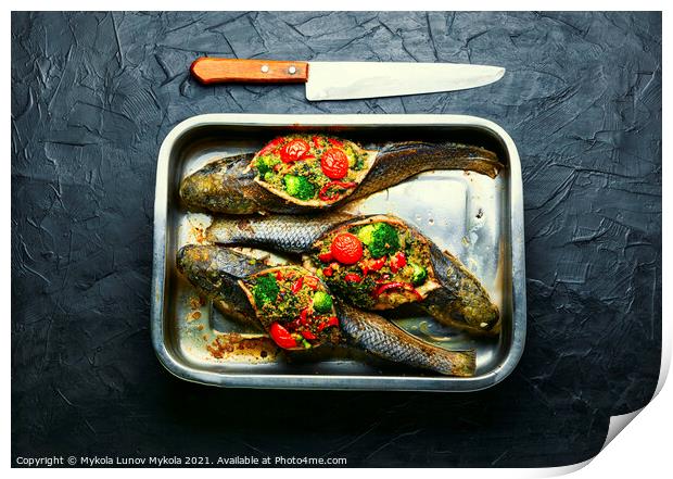 Baked fish stuffed with vegetables Print by Mykola Lunov Mykola