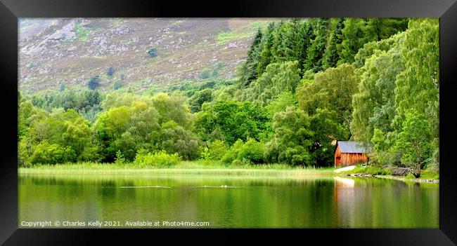 Boat House Reflections on Loch Alvie Framed Print by Charles Kelly