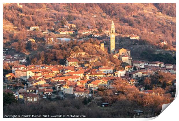 Afternoon sunlight over the village town and church of Chiaverano Print by Fabrizio Malisan