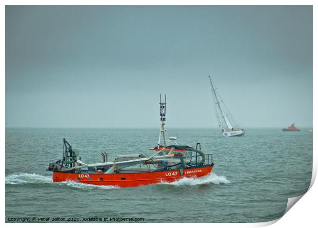 'Liberator' cockle dredging vessel off Southend on Sea, Essex. Print by Peter Bolton
