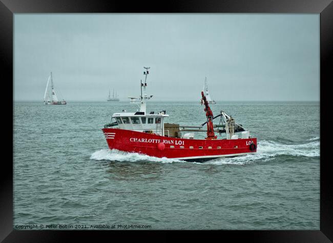 'Charlotte Joan' cockle fishing boat off Southend on Sea, Essex, UK. Framed Print by Peter Bolton