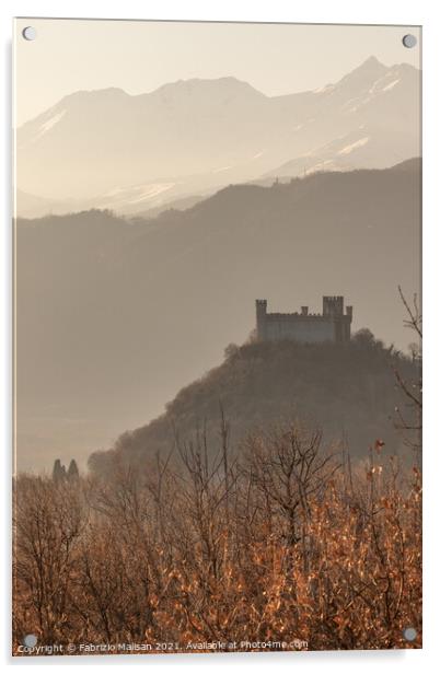The Castle on the hill winter sunset Montalto Dora in Piedmont Italy Acrylic by Fabrizio Malisan
