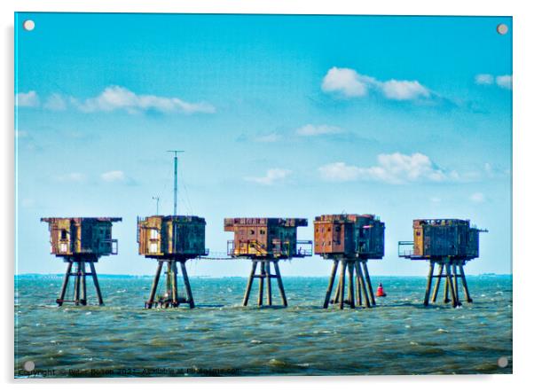 The Maunsell Forts are WWII armed towers built at 'Red Sands' in The Thames Estuary, UK. Acrylic by Peter Bolton