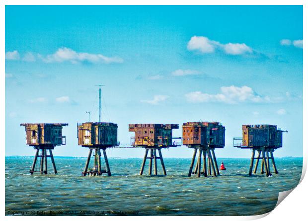 The Maunsell Forts are WWII armed towers built at 'Red Sands' in The Thames Estuary, UK. Print by Peter Bolton