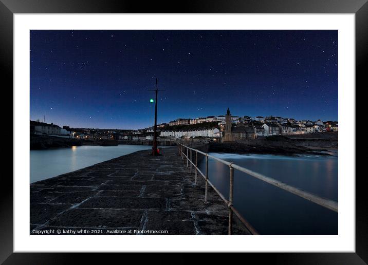 Porthleven Harbour Cornwall at night Framed Mounted Print by kathy white