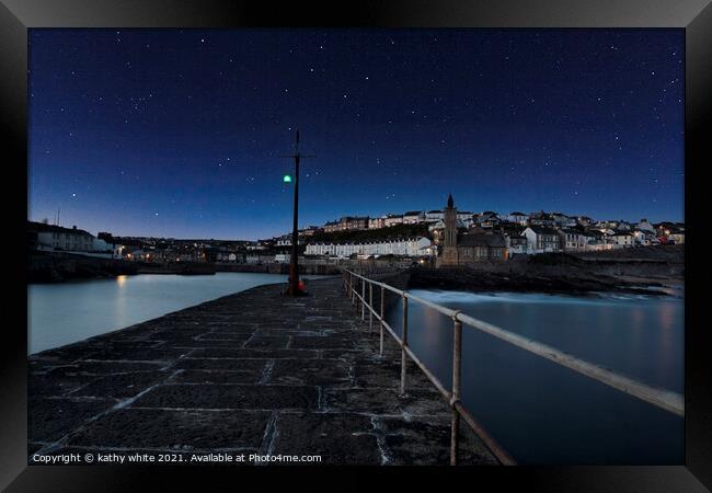 Porthleven Harbour Cornwall at night Framed Print by kathy white