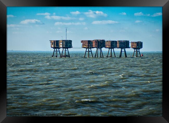 The Maunsell Forts, WWII armed towers built at 'Red Sands' in The Thames Estuary, UK. Framed Print by Peter Bolton