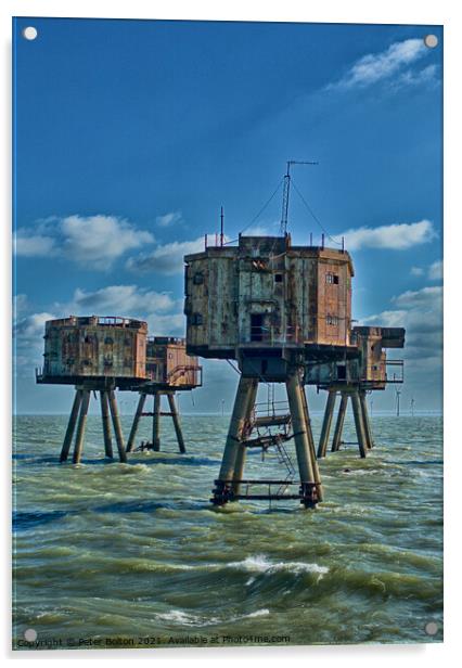 The Maunsell Forts, WWII armed towers built at 'Red Sands' in The Thames Estuary, UK. Acrylic by Peter Bolton