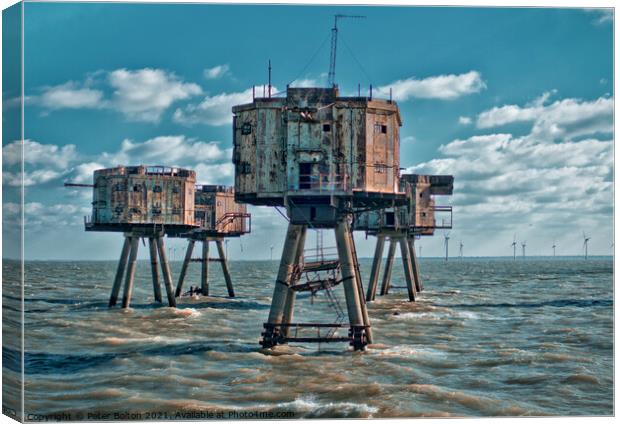 The Maunsell Forts, WWII armed towers built at 'Red Sands' in The Thames Estuary, UK. Canvas Print by Peter Bolton