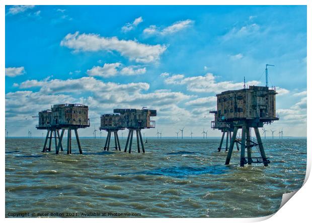 The Maunsell Forts, WWII armed towers built at 'Red Sands' in The Thames Estuary, UK. Print by Peter Bolton