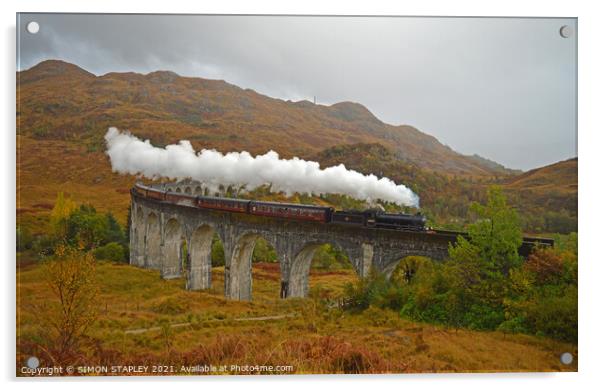 Jacobite Steam Train On Glenfinnan Viaduct In Autu Acrylic by SIMON STAPLEY