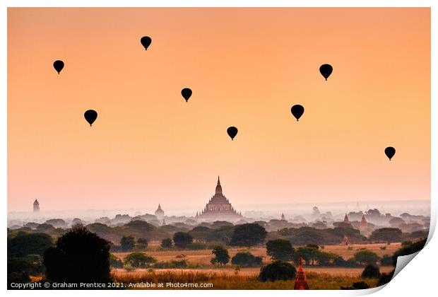 Balloons Over Bagan at Dawn Print by Graham Prentice