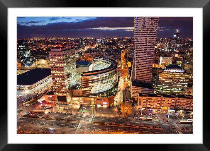 Warsaw Downtown by Night in Poland Framed Mounted Print by Artur Bogacki