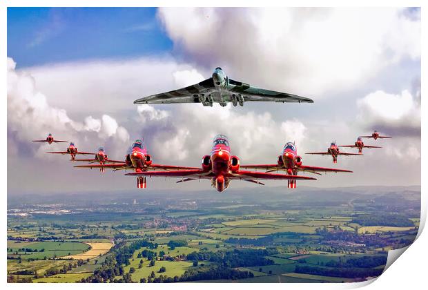 Red Arrows and Vulcan in Formation Print by David Stanforth