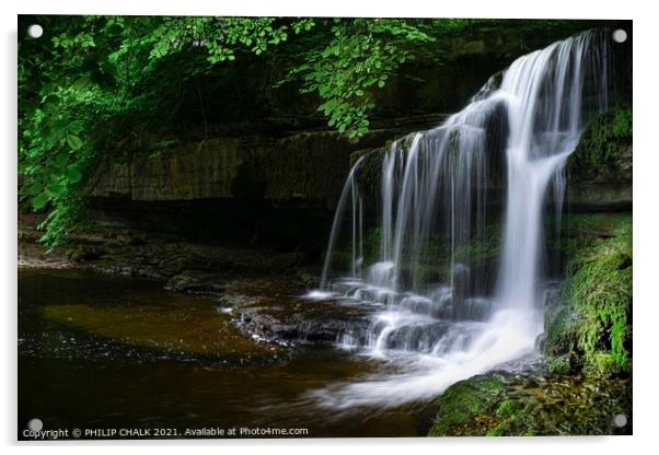 Dreamy Cauldron force waterfall in the village of West Burton Yorkshire dales.  Acrylic by PHILIP CHALK
