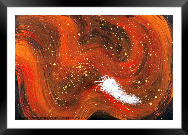 Spiritual white feather and orange magical swirls Framed Mounted Print by Simon Bratt LRPS