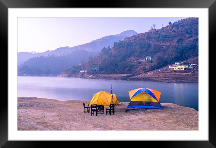 landscape view of lake and camping tent Framed Mounted Print by Ambir Tolang