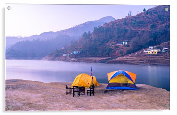 landscape view of lake and camping tent Acrylic by Ambir Tolang