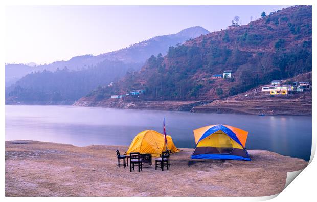landscape view of lake and camping tent Print by Ambir Tolang