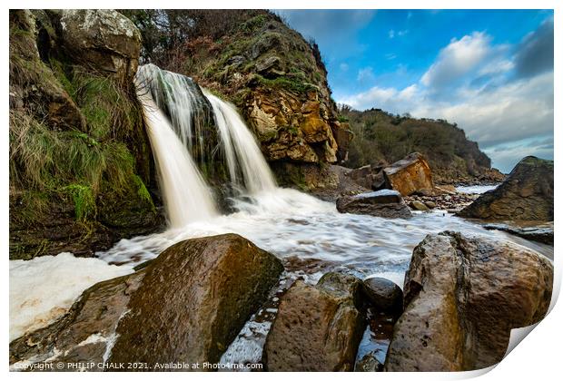 Hayburn Wyke waterfall on the Yorkshire east coast Print by PHILIP CHALK