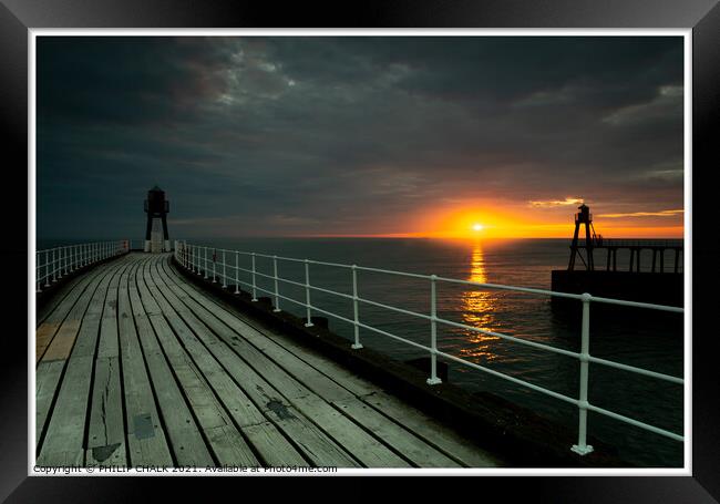 Whitby pier summer solstice sunrise 18 Framed Print by PHILIP CHALK
