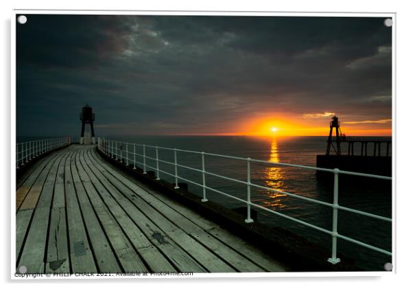 Whitby pier summer solstice sunrise 18 Acrylic by PHILIP CHALK