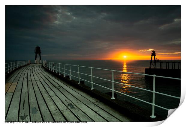 Whitby pier summer solstice sunrise 18 Print by PHILIP CHALK