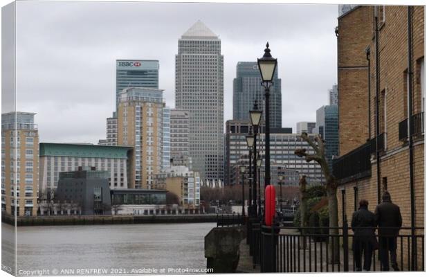 Canary Wharf from Thames Walkway London England Canvas Print by ANN RENFREW