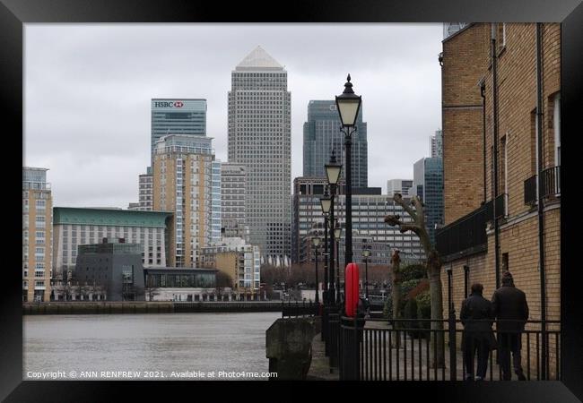 Canary Wharf from Thames Walkway London England Framed Print by ANN RENFREW