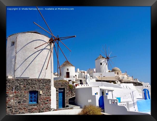 Windmills at Oia Santorini Framed Print by Sheila Ramsey